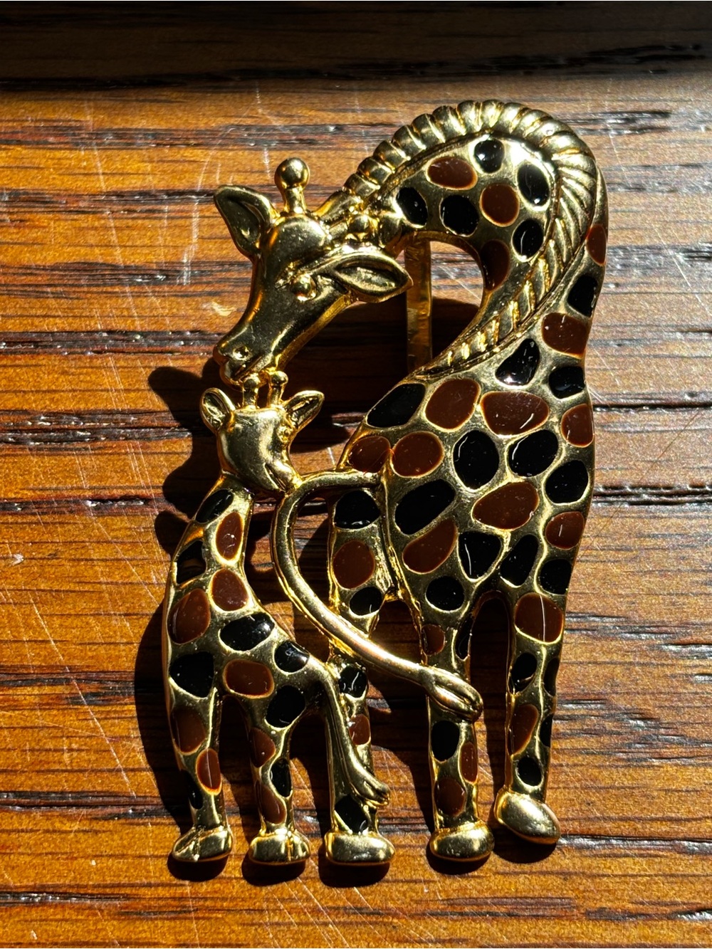 Best stamped Gold-Tone Giraffe Mother & Calf Brooch - Black and Brown Enamel